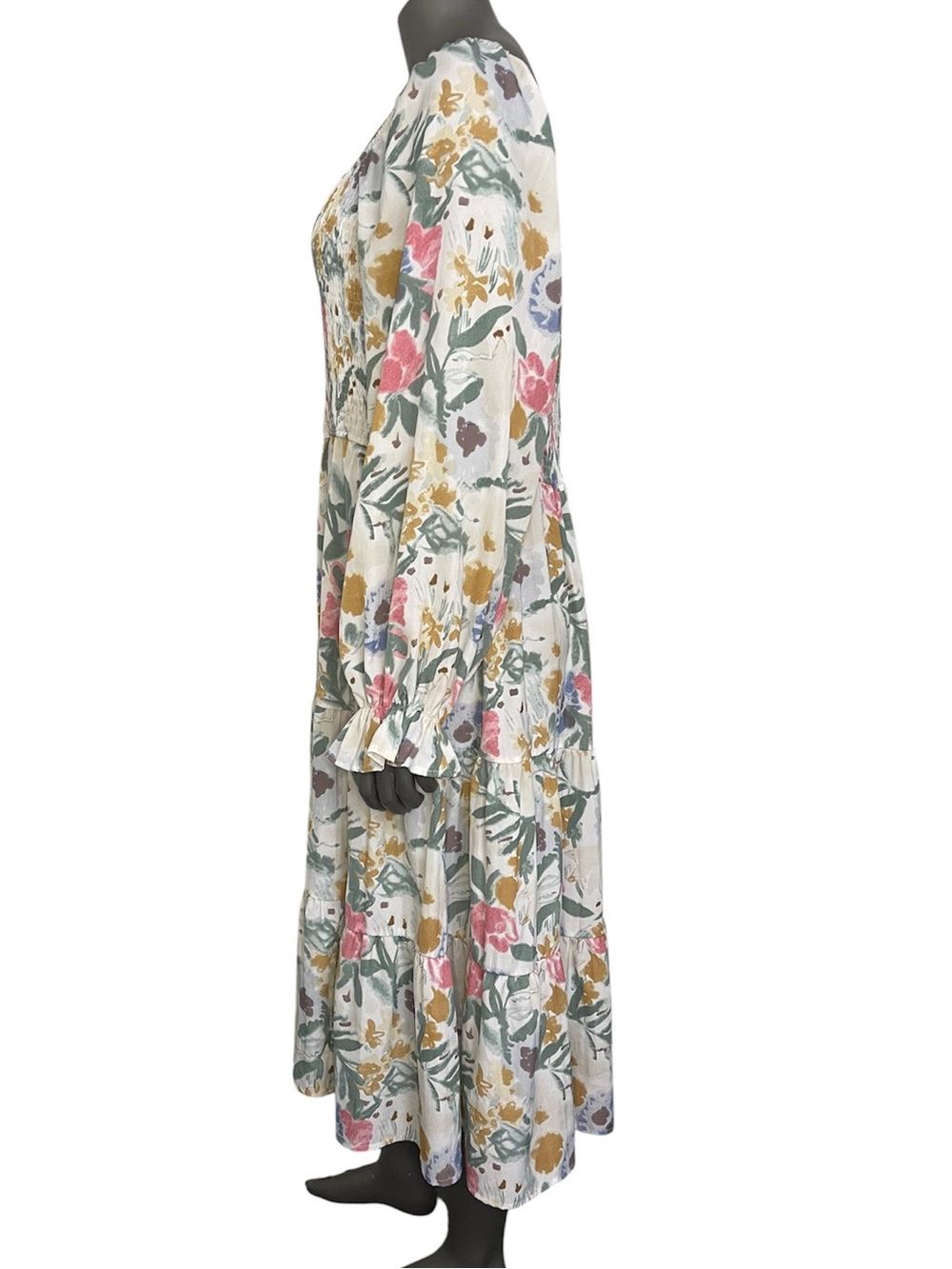 Simplee Plus Dress 3XL Smocked Midi Tiered Skirt Multi Floral Square Neck Bishop - Picture 3 of 10